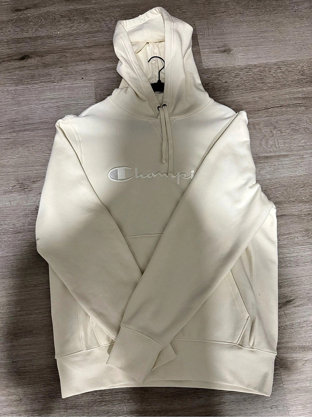 Champion Script Logo Reverse Weave Hoodie Cream Size Small